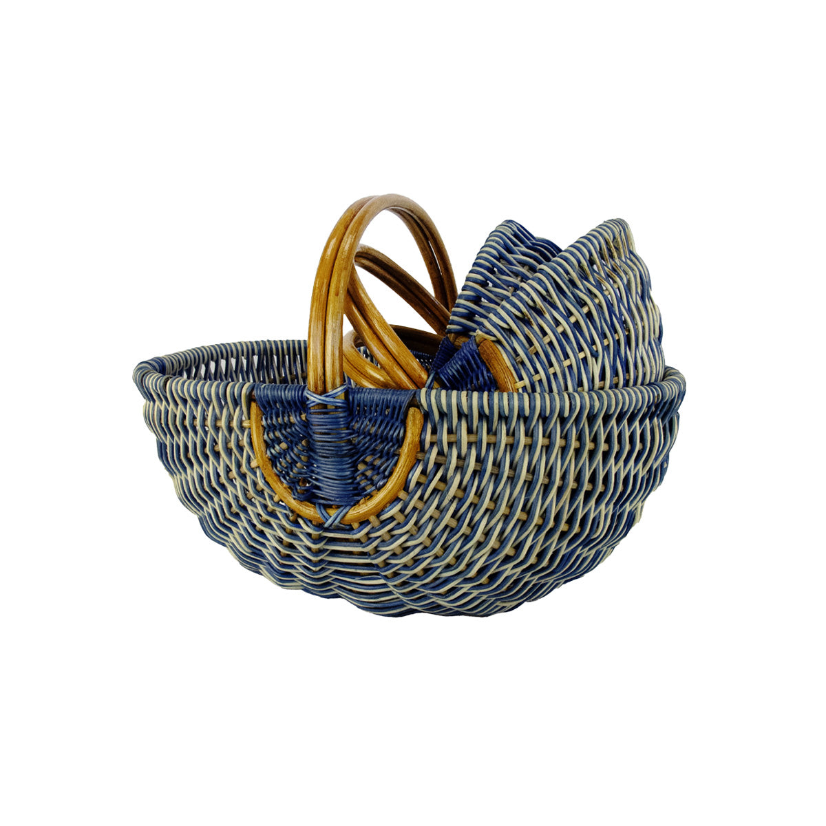 panier en rotin et corde bleu et blanc