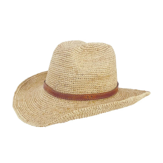 Chapeau cowboy femme Divine en raphia avec tour en cuir