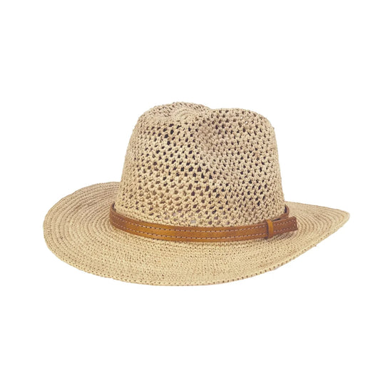 Chapeau Sema en raphia crocheté ajouré avec tour en cuir