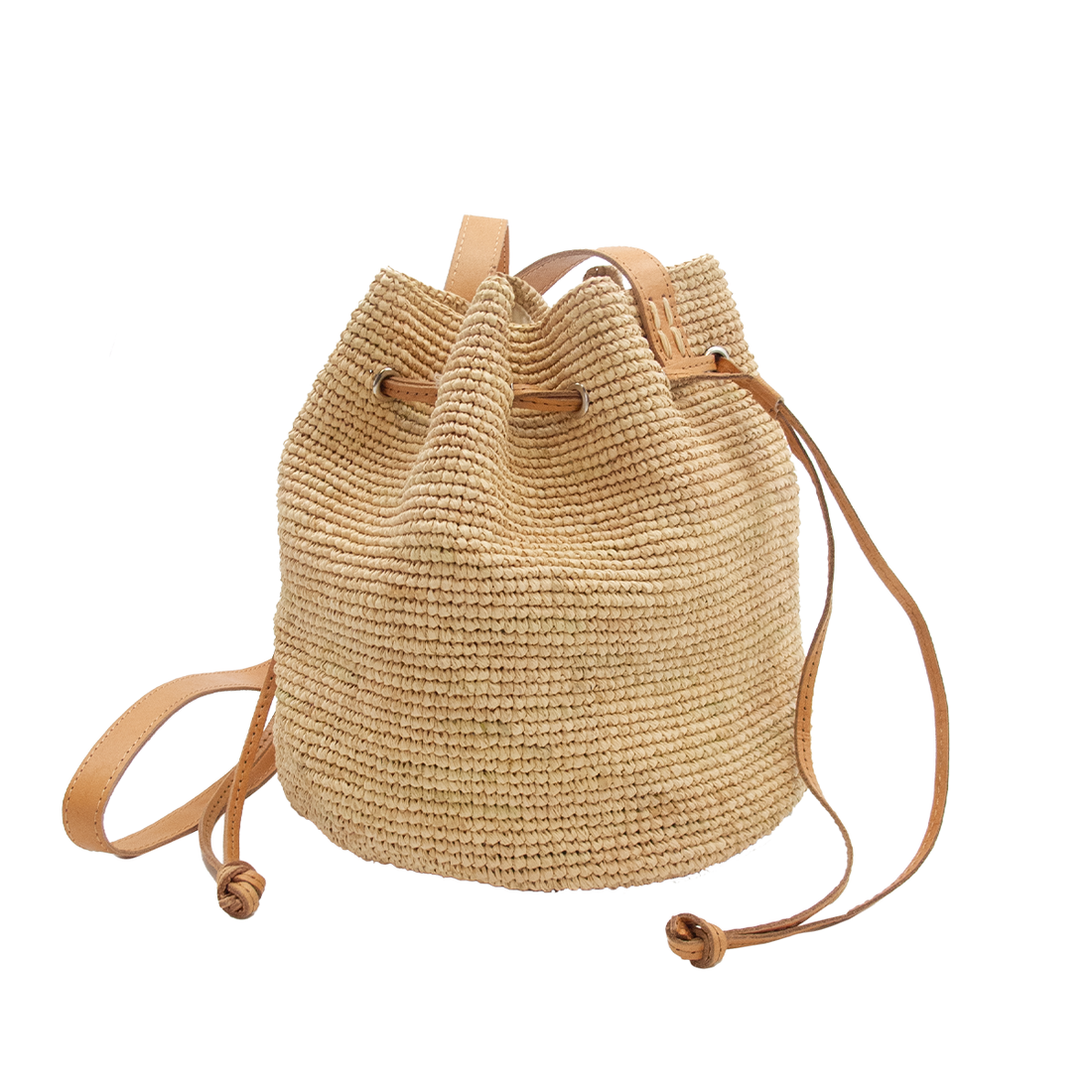 Sac seau Louisa en raphia crocheté avec détails en cuir