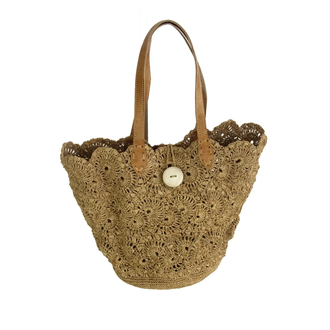 Sac cabas Kali en raphia crocheté à motifs floraux et anses en cuir