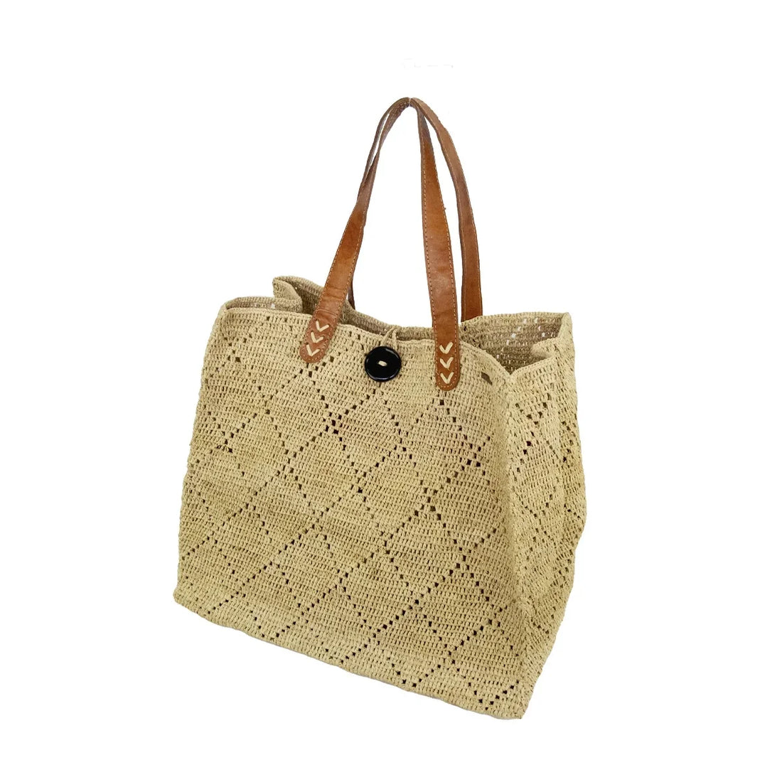 Sac cabas Aly en raphia crocheté avec deux anses en cuir