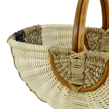 panier en rotin et corde marron noir blanc