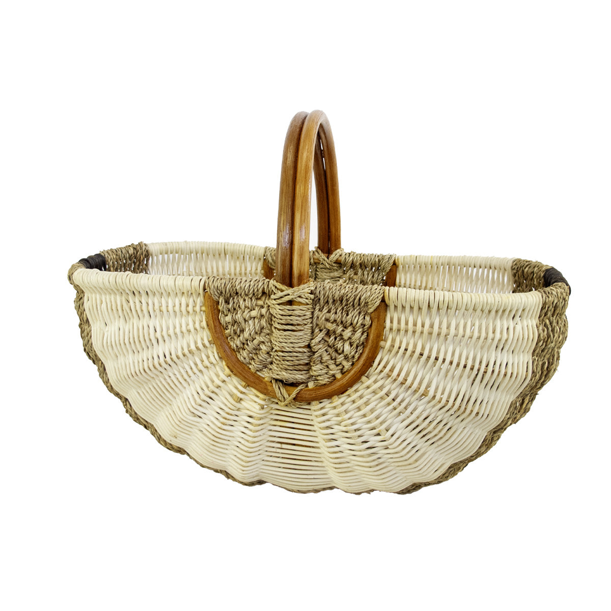 panier en rotin et corde marron noir blanc