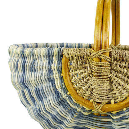 panier en rotin et corde bleu et blanc