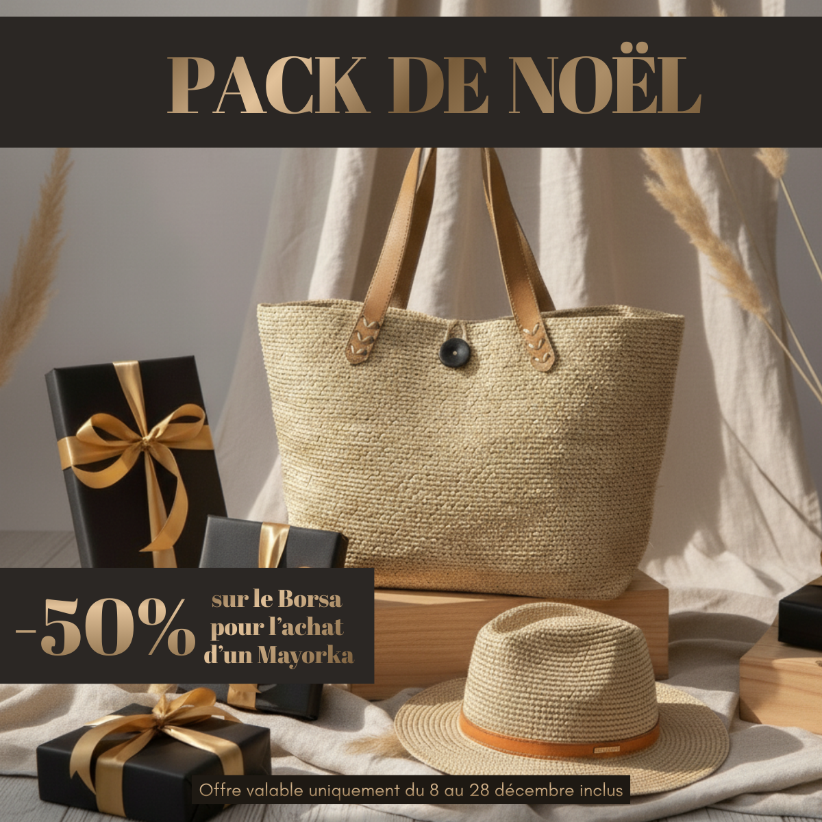 ALT cadeau de noël ensemble sac en raphia et chapeau en raphia