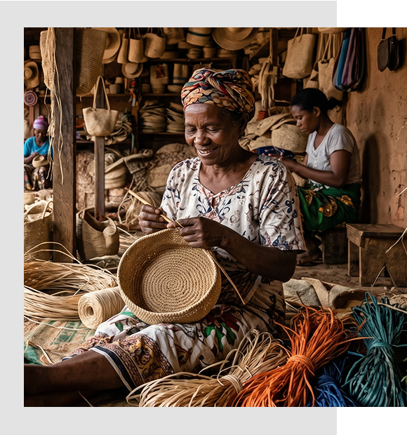 ALT artisan malagache entrain de crocheter du raphia à la main