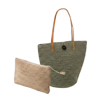 alt ensemble sac raphia et pochette raphia gris et naturel