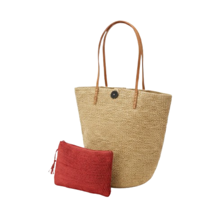 alt ensemble sac raphia et pochette raphia naturel et rouge