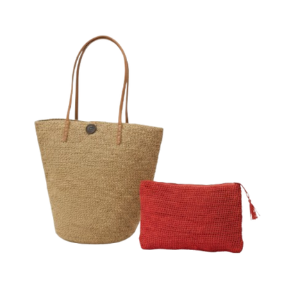 alt ensemble sac raphia et pochette raphia thé et rouge