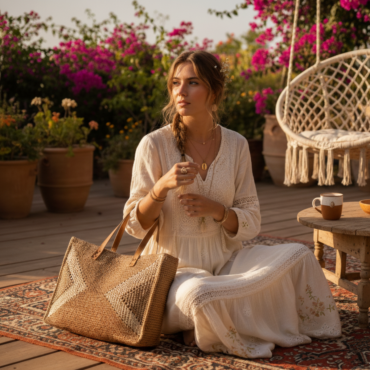 alt sac d'été en raphia marron style bohème